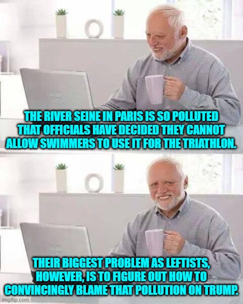 The French will figure out a way. | THE RIVER SEINE IN PARIS IS SO POLLUTED THAT OFFICIALS HAVE DECIDED THEY CANNOT ALLOW SWIMMERS TO USE IT FOR THE TRIATHLON. THEIR BIGGEST PROBLEM AS LEFTISTS, HOWEVER, IS TO FIGURE OUT HOW TO CONVINCINGLY BLAME THAT POLLUTION ON TRUMP. | image tagged in hide the pain harold | made w/ Imgflip meme maker