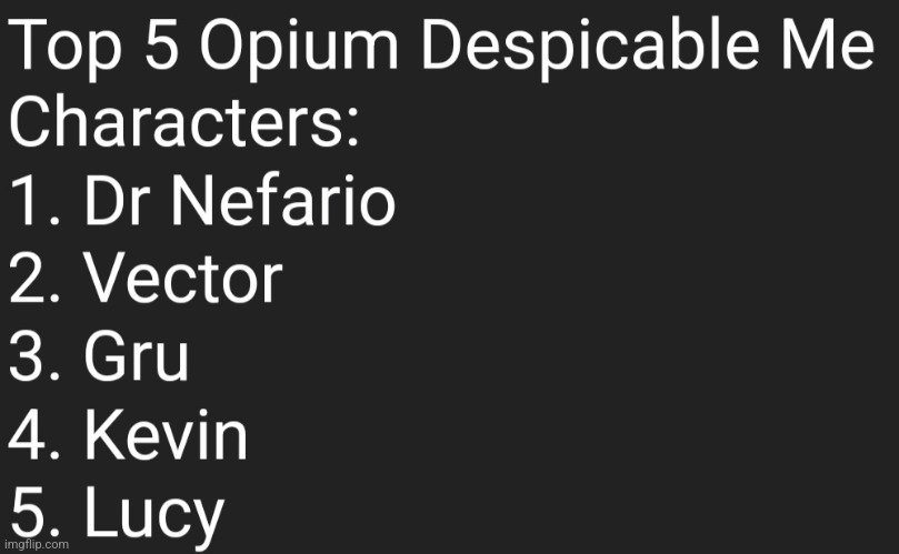 Nefario is so Opium | TOP 5 OPIUM DESPICABLE ME CHARACTERS:

1. DR NEFARIO
2. VECTOR
3. GRU
4. KEVIN
5. LUCY | made w/ Imgflip meme maker
