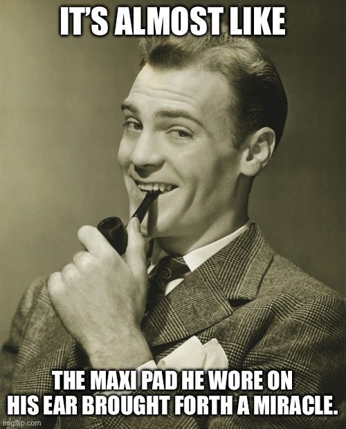 Smug | IT’S ALMOST LIKE THE MAXI PAD HE WORE ON HIS EAR BROUGHT FORTH A MIRACLE. | image tagged in smug | made w/ Imgflip meme maker