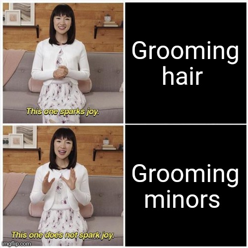 The difference of grooming | Grooming hair; Grooming minors | image tagged in marie kondo spark joy,know the difference | made w/ Imgflip meme maker