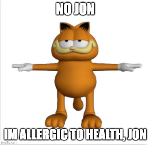 garfield t-pose | NO JON IM ALLERGIC TO HEALTH, JON | image tagged in garfield t-pose | made w/ Imgflip meme maker