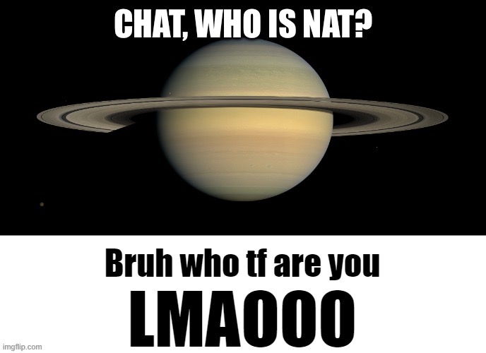 E | CHAT, WHO IS NAT? | image tagged in bruh who tf are you lmaooo | made w/ Imgflip meme maker