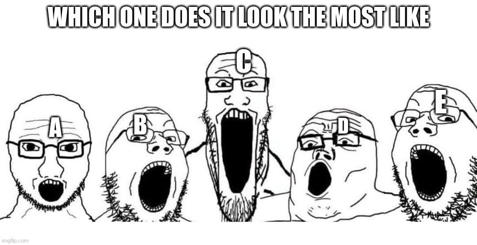 Wojaks yelling | WHICH ONE DOES IT LOOK THE MOST LIKE A B C D E | image tagged in wojaks yelling | made w/ Imgflip meme maker