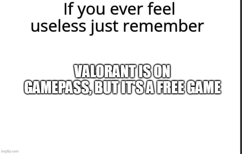 Why though | VALORANT IS ON GAMEPASS, BUT IT'S A FREE GAME | image tagged in if you ever feel useless remember this | made w/ Imgflip meme maker