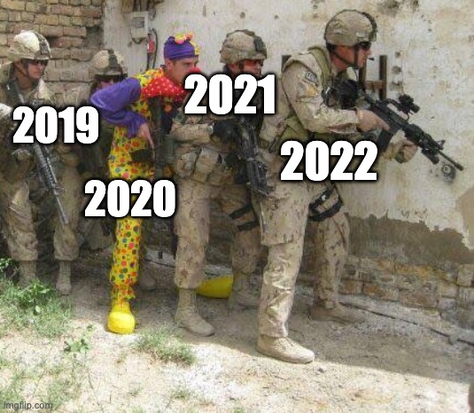 2020 be like | 2021; 2019; 2022; 2020 | image tagged in army clown | made w/ Imgflip meme maker