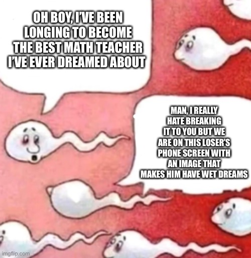 The “Tributes” in a Shell Nut | OH BOY, I’VE BEEN LONGING TO BECOME THE BEST MATH TEACHER I’VE EVER DREAMED ABOUT; MAN, I REALLY HATE BREAKING IT TO YOU BUT WE ARE ON THIS LOSER’S PHONE SCREEN WITH AN IMAGE THAT MAKES HIM HAVE WET DREAMS | image tagged in sperm conversation | made w/ Imgflip meme maker