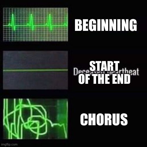 Different sections of songs | BEGINNING; START OF THE END; CHORUS | image tagged in heartbeat rate | made w/ Imgflip meme maker