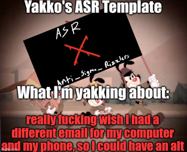 Yakko's ASR template | really fucking wish I had a different email for my computer and my phone, so I could have an alt | image tagged in yakko's asr template | made w/ Imgflip meme maker