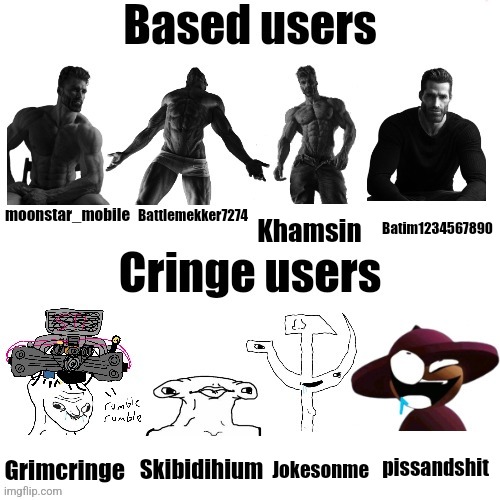 Based Users VS Cringe Users (BenoitX style) | Batim1234567890; moonstar_mobile; Battlemekker7274; Khamsin; pissandshit; Grimcringe; Skibidihium; Jokesonme | image tagged in based users vs cringe users shadow_benoitx style | made w/ Imgflip meme maker