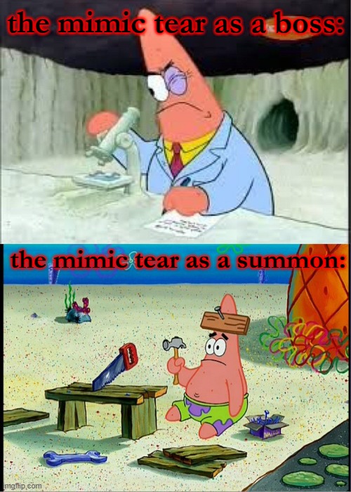 don't get me wrong the mimic tear summon is op, but a bit dumb compared to the boss | the mimic tear as a boss:; the mimic tear as a summon: | image tagged in patrick smart dumb | made w/ Imgflip meme maker