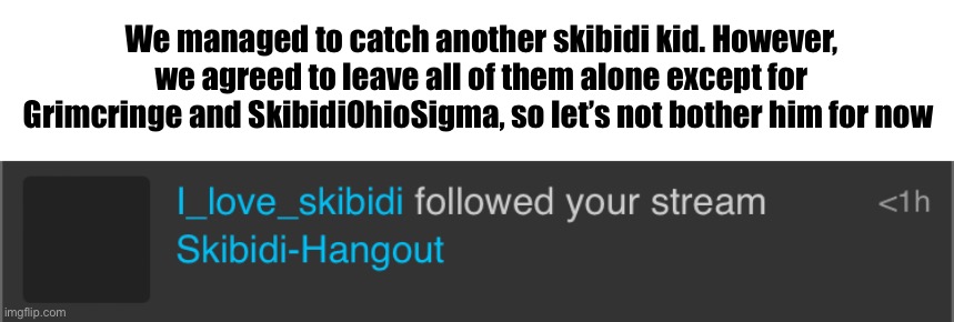 We managed to catch another skibidi kid. However, we agreed to leave all of them alone except for Grimcringe and SkibidiOhioSigma, so let’s not bother him for now | made w/ Imgflip meme maker