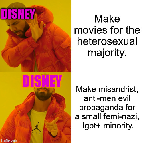 That ...is why you fail. | DISNEY; Make movies for the heterosexual majority. DISNEY; Make misandrist, anti-men evil propaganda for a small femi-nazi,
 lgbt+ minority. | image tagged in memes,drake hotline bling,disney,feminazi,misandry,propaganda | made w/ Imgflip meme maker