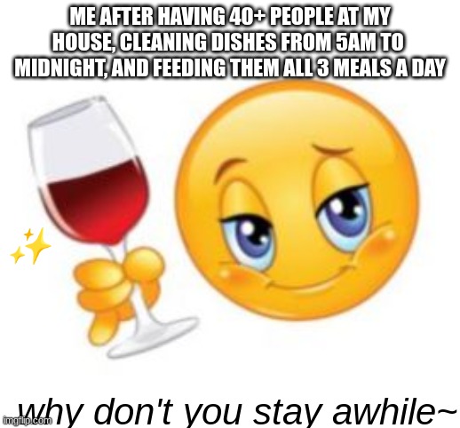 Sassy Cheers | ME AFTER HAVING 40+ PEOPLE AT MY
HOUSE, CLEANING DISHES FROM 5AM TO 
MIDNIGHT, AND FEEDING THEM ALL 3 MEALS A DAY; ✨; why don't you stay awhile~ | image tagged in sassy cheers | made w/ Imgflip meme maker