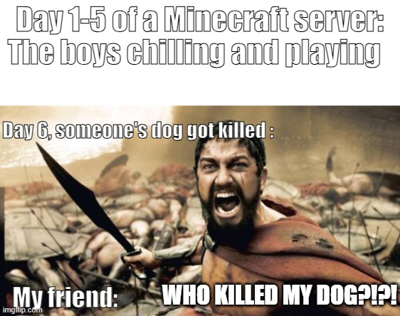 WHO KILLED MY DOG!??!?!?!?!?! | Day 1-5 of a Minecraft server:
The boys chilling and playing; Day 6, someone's dog got killed :; WHO KILLED MY DOG?!?! My friend: | image tagged in memes,sparta leonidas,minecraft | made w/ Imgflip meme maker