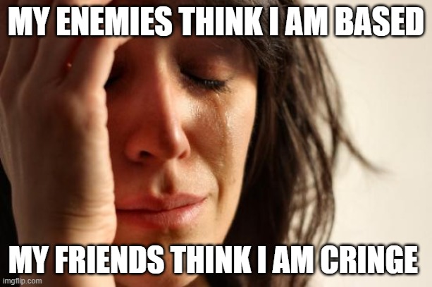 First World Problems Meme | MY ENEMIES THINK I AM BASED; MY FRIENDS THINK I AM CRINGE | image tagged in memes,first world problems | made w/ Imgflip meme maker