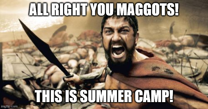 When your parents send you to the wrong Summer Camp | ALL RIGHT YOU MAGGOTS! THIS IS SUMMER CAMP! | image tagged in memes,sparta leonidas | made w/ Imgflip meme maker