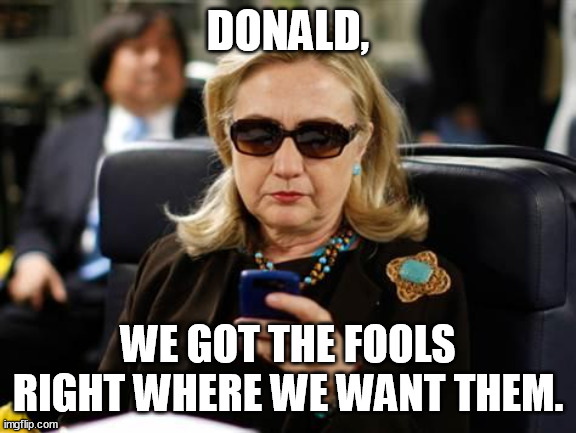 Hillary made Donald win. She a sci-op plant. | DONALD, WE GOT THE FOOLS RIGHT WHERE WE WANT THEM. | image tagged in memes,hillary clinton cellphone,donald trump,election 2016,cia,plant | made w/ Imgflip meme maker