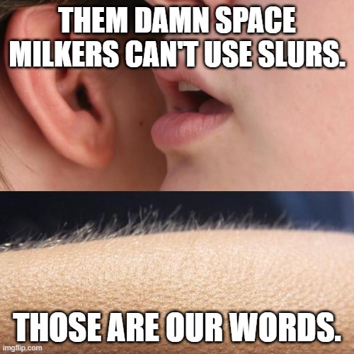 and then the problem starts over again. | THEM DAMN SPACE MILKERS CAN'T USE SLURS. THOSE ARE OUR WORDS. | image tagged in whisper and goosebumps | made w/ Imgflip meme maker