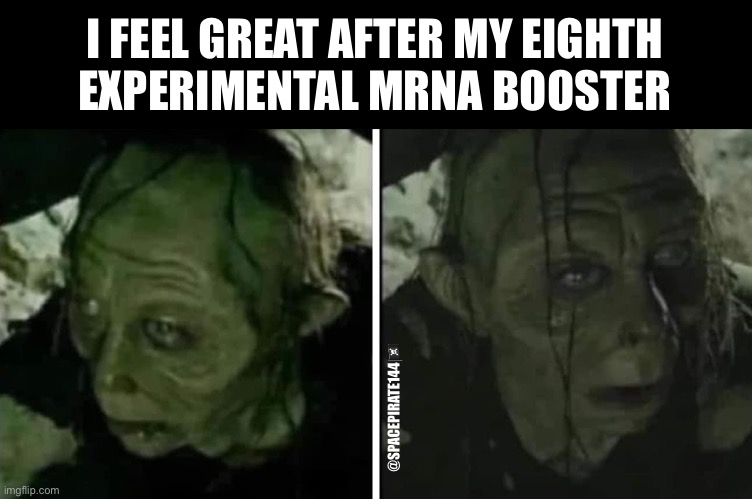 mRNA Side Effects | I FEEL GREAT AFTER MY EIGHTH
EXPERIMENTAL MRNA BOOSTER; @SPACEPIRATE144🏴‍☠️ | image tagged in mrna,vaccines,boosters,bioweapons,gene therapy | made w/ Imgflip meme maker