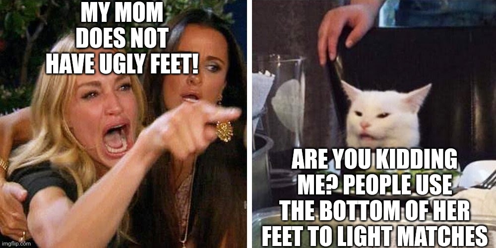 Smudge that darn cat with Karen | MY MOM DOES NOT HAVE UGLY FEET! ARE YOU KIDDING ME? PEOPLE USE THE BOTTOM OF HER FEET TO LIGHT MATCHES | image tagged in smudge that darn cat with karen | made w/ Imgflip meme maker