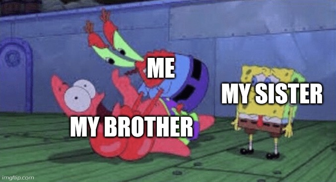 Mr. Krabs Choking Patrick | ME; MY SISTER; MY BROTHER | image tagged in mr krabs choking patrick | made w/ Imgflip meme maker