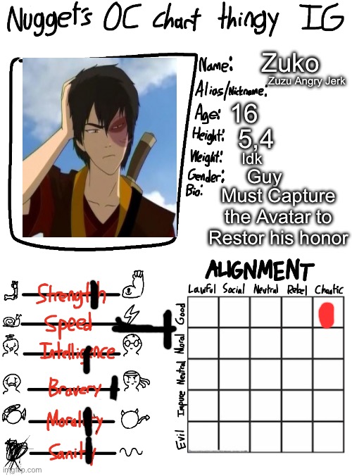 Nugget’s OC Chart Thingy IG | Zuko; Zuzu Angry Jerk; 16; 5,4; Idk; Guy; Must Capture the Avatar to Restor his honor | image tagged in nugget s oc chart thingy ig | made w/ Imgflip meme maker