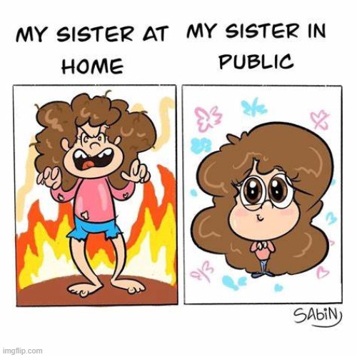 image tagged in sister,home,angry,public,happy,relatable | made w/ Imgflip meme maker