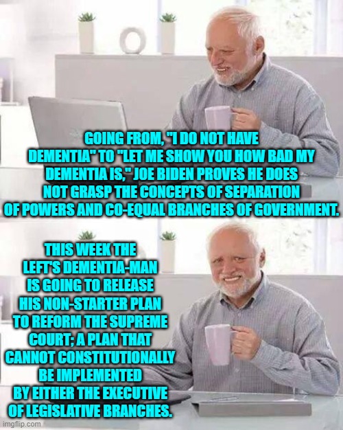 But we are supposed to believe that it's the Right that's a threat to this nation. | GOING FROM, "I DO NOT HAVE DEMENTIA" TO "LET ME SHOW YOU HOW BAD MY DEMENTIA IS," JOE BIDEN PROVES HE DOES NOT GRASP THE CONCEPTS OF SEPARATION OF POWERS AND CO-EQUAL BRANCHES OF GOVERNMENT. THIS WEEK THE LEFT'S DEMENTIA-MAN IS GOING TO RELEASE HIS NON-STARTER PLAN TO REFORM THE SUPREME COURT; A PLAN THAT CANNOT CONSTITUTIONALLY BE IMPLEMENTED BY EITHER THE EXECUTIVE OF LEGISLATIVE BRANCHES. | image tagged in hide the pain harold | made w/ Imgflip meme maker