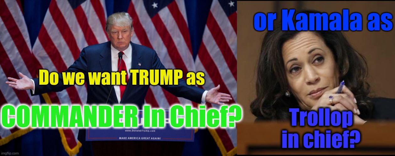 or Kamala as; Do we want TRUMP as; Trollop in chief? COMMANDER In Chief? | image tagged in donald trump,kamala harris | made w/ Imgflip meme maker