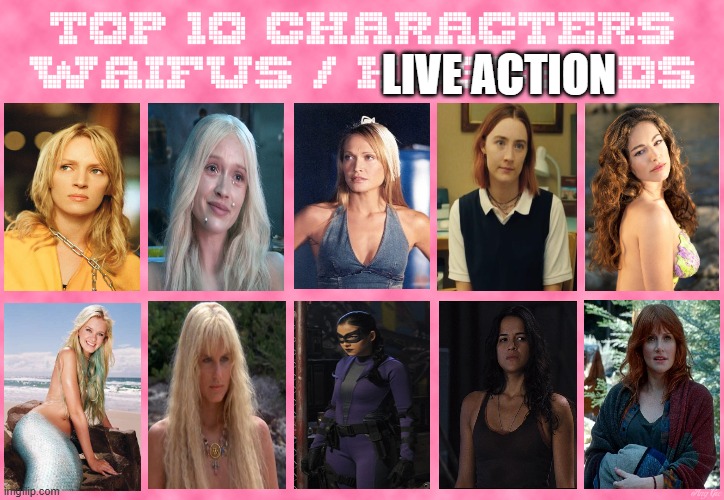 top 10 live action waifus | LIVE ACTION | image tagged in top 10 characters waifus/husbands,live action,jurassic world,the fast and the furious,kill bill,mermaid | made w/ Imgflip meme maker