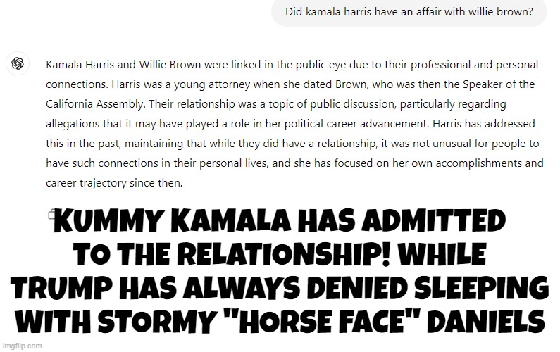 Donate Annonymously to Kummy Kamala | KUMMY KAMALA HAS ADMITTED TO THE RELATIONSHIP! WHILE TRUMP HAS ALWAYS DENIED SLEEPING WITH STORMY "HORSE FACE" DANIELS | image tagged in kamala harris,vice president,maga,make america great again,diversity,socialist | made w/ Imgflip meme maker