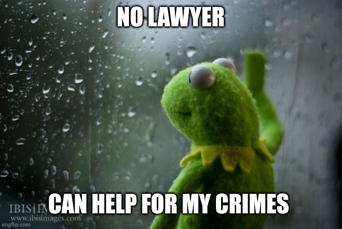 kermit window | NO LAWYER CAN HELP FOR MY CRIMES | image tagged in kermit window | made w/ Imgflip meme maker