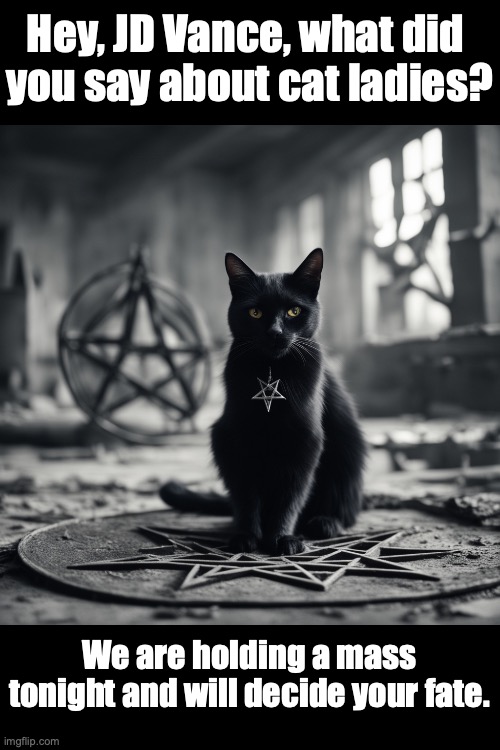 Black cats vs JD Vance | Hey, JD Vance, what did 
you say about cat ladies? We are holding a mass tonight and will decide your fate. | image tagged in cat,satan,politics,usa,trump,jd vance | made w/ Imgflip meme maker