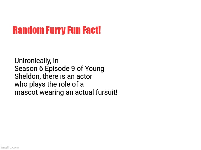 The more you know! | Random Furry Fun Fact! Unironically, in Season 6 Episode 9 of Young Sheldon, there is an actor who plays the role of a mascot wearing an actual fursuit! | image tagged in fun fact with capricorn,furry,furries,tv shows,fun fact | made w/ Imgflip meme maker