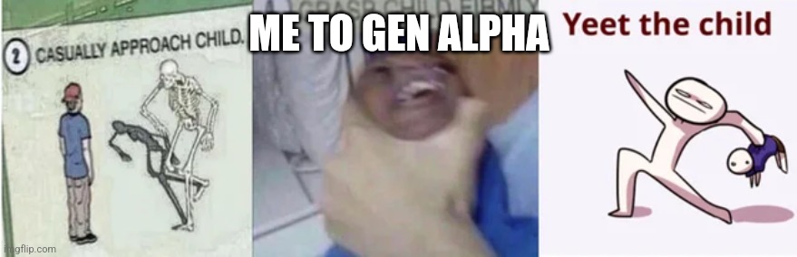 Gen alpha | ME TO GEN ALPHA | image tagged in casually approach child grasp child firmly yeet the child | made w/ Imgflip meme maker