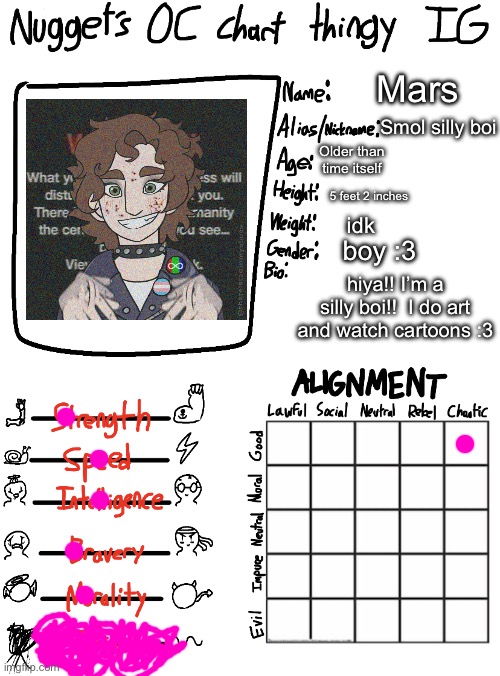 Hehehehe | Mars; Smol silly boi; Older than time itself; 5 feet 2 inches; idk; boy :3; hiya!! I’m a silly boi!!  I do art and watch cartoons :3 | image tagged in nugget s oc chart thingy ig | made w/ Imgflip meme maker
