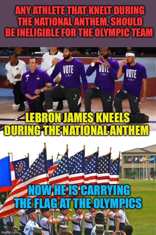 Hypocrite LeBon James and others, don’t deserve to be on the Olympic Team | ANY ATHLETE THAT KNELT DURING THE NATIONAL ANTHEM, SHOULD BE INELIGIBLE FOR THE OLYMPIC TEAM | image tagged in gifs,lebron james,hypocrite,free speech,olympics | made w/ Imgflip meme maker