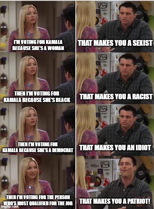 Why You Should Vote | I'M VOTING FOR KAMALA BECAUSE SHE'S A WOMAN; THAT MAKES YOU A SEXIST; THAT MAKES YOU A RACIST; THEN I'M VOTING FOR KAMALA BECAUSE SHE'S BLACK; THEN I'M VOTING FOR KAMALA BECAUSE SHE'S A DEMOCRAT; THAT MAKES YOU AN IDIOT; THEN I'M VOTING FOR THE PERSON WHO'S MOST QUALIFIED FOR THE JOB; THAT MAKES YOU A PATRIOT! | image tagged in phoebe joey,kamala,harris | made w/ Imgflip meme maker