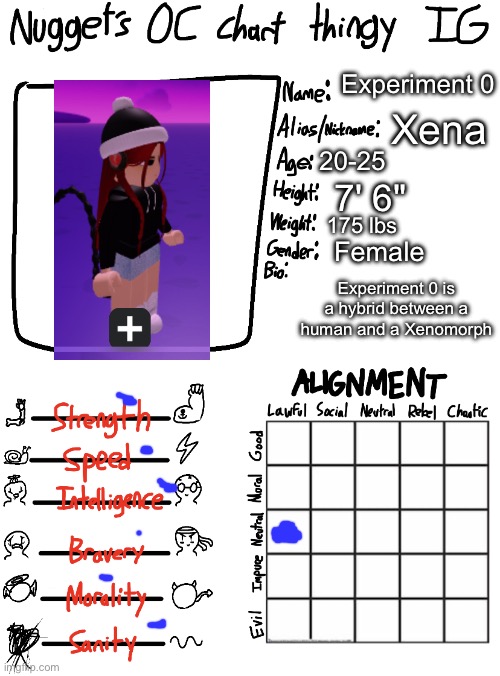 New OC :) | Experiment 0; Xena; 20-25; 7' 6"; 175 lbs; Female; Experiment 0 is a hybrid between a human and a Xenomorph | image tagged in nugget s oc chart thingy ig | made w/ Imgflip meme maker