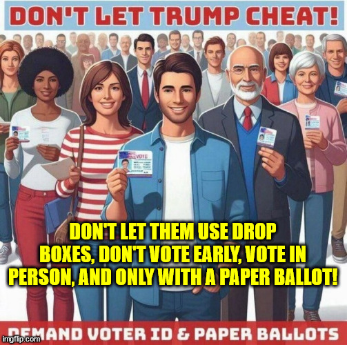 DON'T LET THEM USE DROP BOXES, DON'T VOTE EARLY, VOTE IN PERSON, AND ONLY WITH A PAPER BALLOT! | made w/ Imgflip meme maker