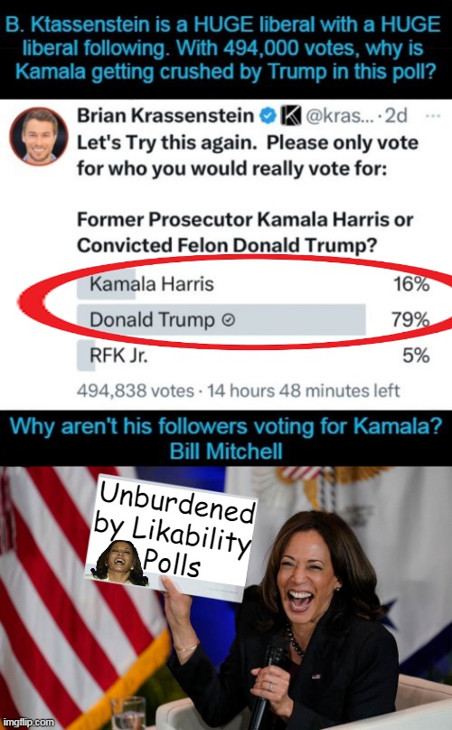 "Sexism is real in this country." -- Kamala Harris (Psst...she forgot how she got her job!) | Unburdened 
by Likability 
Polls | image tagged in kamala harris,polls,awkward,dislike,political humor,donald trump | made w/ Imgflip meme maker