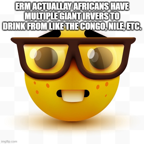 Nerd emoji | ERM ACTUALLAY AFRICANS HAVE MULTIPLE GIANT IRVERS TO DRINK FROM LIKE THE CONGO, NILE, ETC. | image tagged in nerd emoji | made w/ Imgflip meme maker