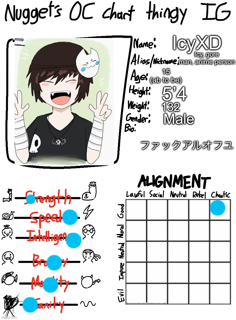 Gojo did it so i did too | IcyXD; Icy, gore man, anime person; 15 (ab to be); 5’4; 132; Male; ファックアルオフユ | image tagged in nugget s oc chart thingy ig | made w/ Imgflip meme maker