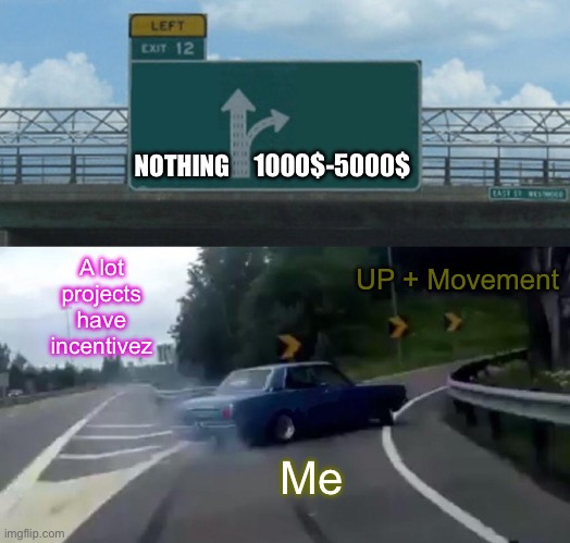 UP x Movement | NOTHING; 1000$-5000$; A lot projects have incentivez; UP + Movement; Me | image tagged in memes,left exit 12 off ramp | made w/ Imgflip meme maker