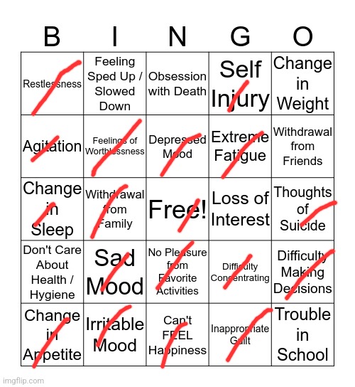 How the actual FUCK did I just barely dodge every bingo (plz interact with me I'm bored) | image tagged in depression bingo 1 | made w/ Imgflip meme maker