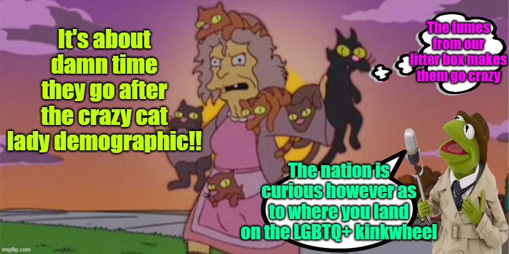 Crazy cat ladies for Kamala | The fumes from our litter box makes them go crazy; It's about damn time they go after the crazy cat lady demographic!! The nation is curious however as to where you land on the LGBTQ+ kinkwheel | image tagged in kamala harris,cat lady,trump,election 2024,maga | made w/ Imgflip meme maker