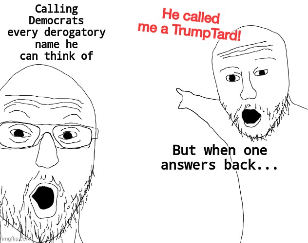 Double standards on the Right | He called me a TrumpTard! Calling Democrats every derogatory name he can think of; But when one answers back... | image tagged in two soyjacks transparent | made w/ Imgflip meme maker