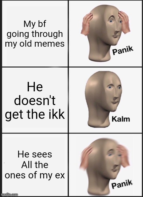 Panik Kalm Panik | My bf going through my old memes; He doesn't get the ikk; He sees All the ones of my ex | image tagged in memes,panik kalm panik | made w/ Imgflip meme maker