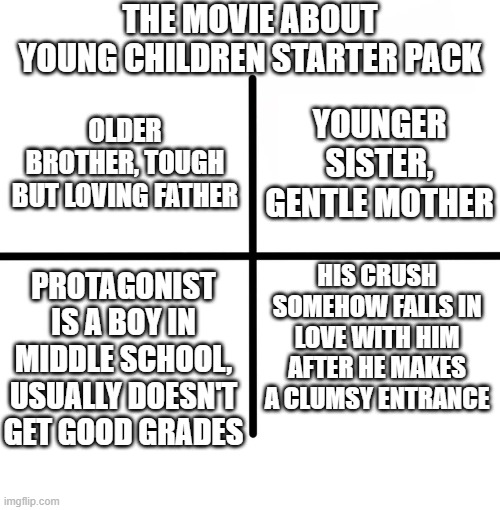 Blank Starter Pack | THE MOVIE ABOUT YOUNG CHILDREN STARTER PACK; YOUNGER SISTER, GENTLE MOTHER; OLDER BROTHER, TOUGH BUT LOVING FATHER; HIS CRUSH SOMEHOW FALLS IN LOVE WITH HIM AFTER HE MAKES A CLUMSY ENTRANCE; PROTAGONIST IS A BOY IN MIDDLE SCHOOL, USUALLY DOESN'T GET GOOD GRADES | image tagged in memes,blank starter pack,child | made w/ Imgflip meme maker