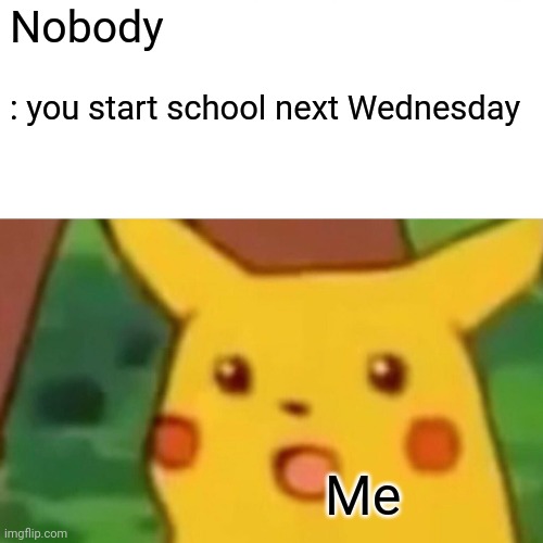 Like huh summer just started | Nobody; : you start school next Wednesday; Me | image tagged in memes,surprised pikachu | made w/ Imgflip meme maker